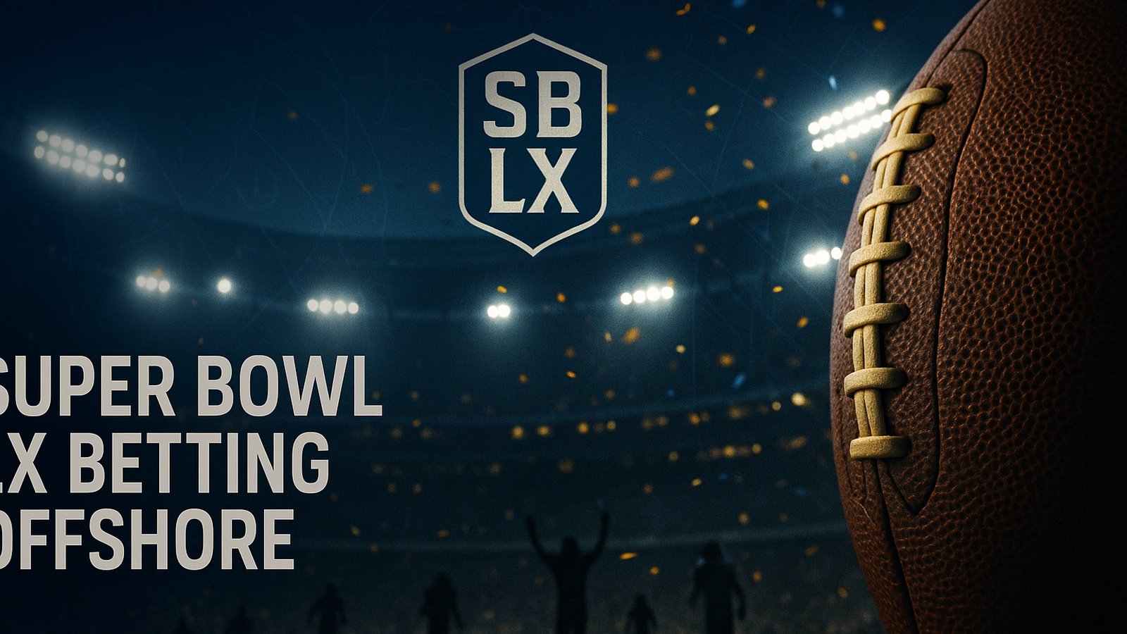 Super Bowl LX offshore prop betting guide with stadium lights background and generic betting interface.
