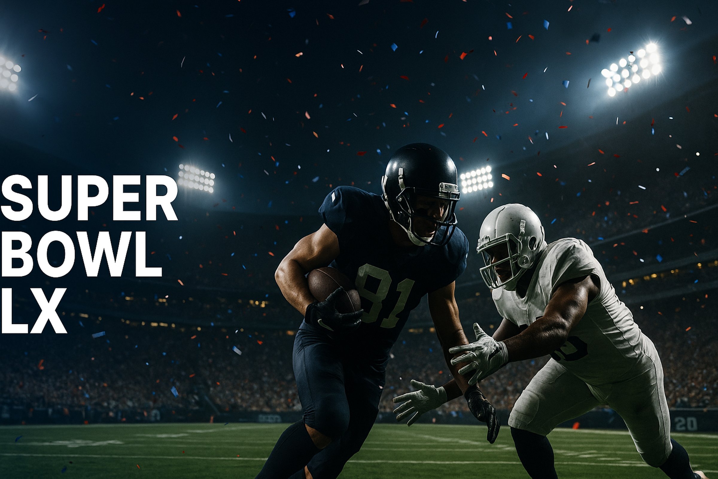 Stadium lights and a football on turf with a clean, generic betting-style overlay (no team logos), navy-and-silver color grade with a subtle gold accent