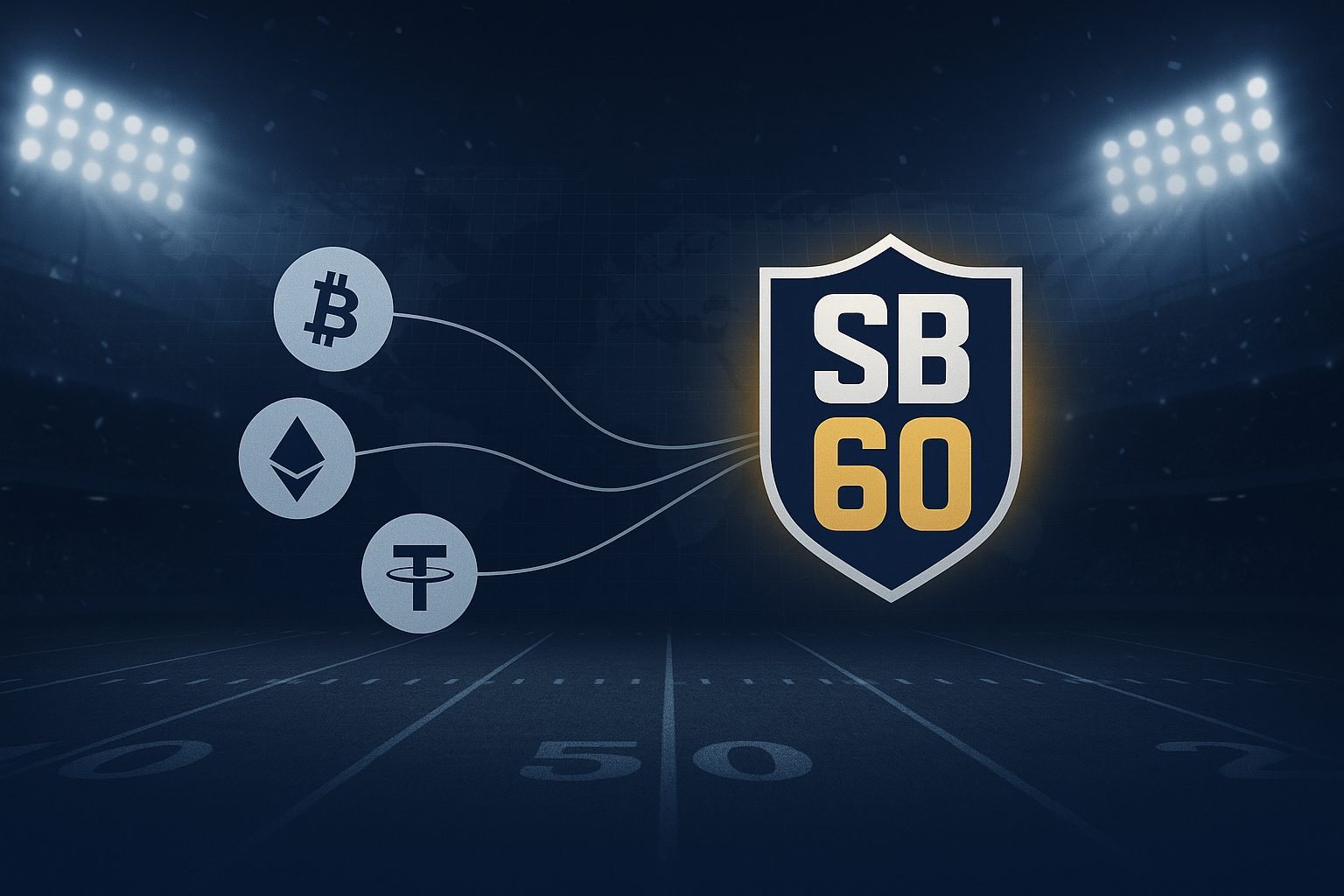 Minimal crypto payment icons (BTC, ETH, USDT, LTC) in monochrome silver on a navy background, with a small gold accent badge reading SB60 (no brand logos)
